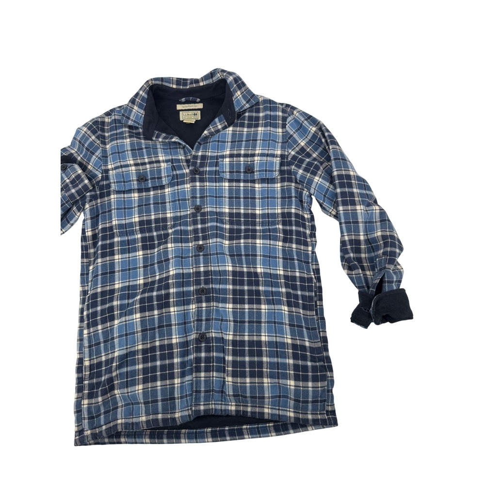 LL Bean Flannel Shirt Jacket Mens S Blue Plaid Fleece Lined Traditional Fit